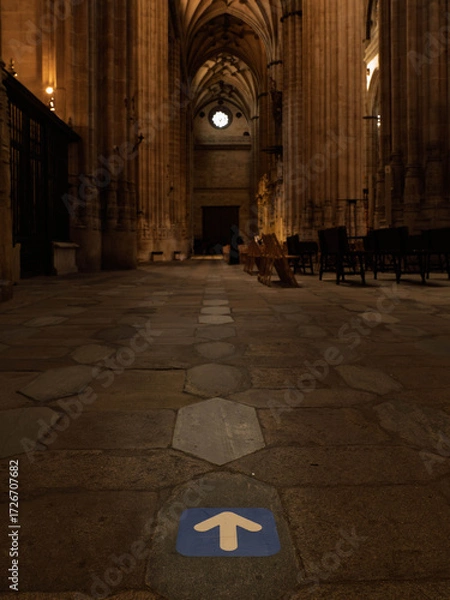 Fototapeta Directional arrow inside Salamanca cathedral, Spain. Interior of Salamanca cathedral with arrow on stone floor, gothic columns and warm light in UNESCO heritage city