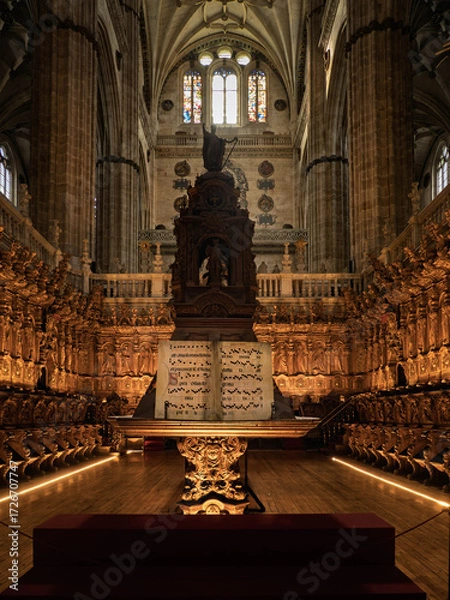 Fototapeta Choir and ancient music book in Salamanca cathedral. Ornate choir stalls and giant choir book in Salamanca cathedral, with wood carvings and stained glass windows