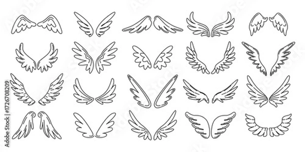 Fototapeta Angels Wings of different shapes, hand drawn, Doodles. Linear Wings, sketches with editable stroke. Feathers, Spirit, Heaven. Vector illustration isolated