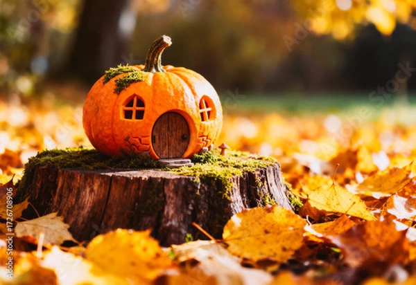 Fototapeta A carved pumpkin resembling a fairy cottage sits on a tree stump, surrounded by vibrant autumn leaves. The pumpkin features small windows and a green moss top.