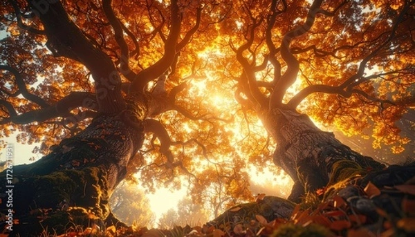 Obraz Golden autumn trees, sunlight through branches