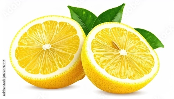 Fototapeta Two halves of a bright yellow lemon, displaying segments and seeds, with fresh green leaves