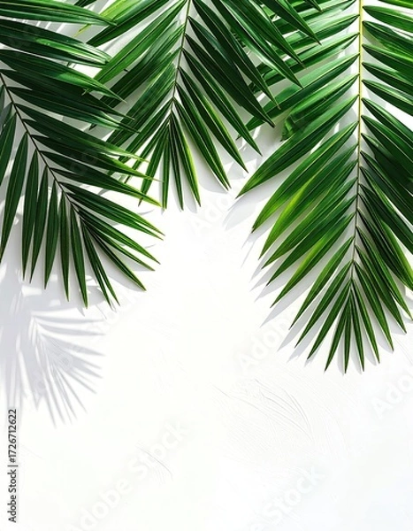 Fototapeta Vibrant palm fronds cast shadows on white background