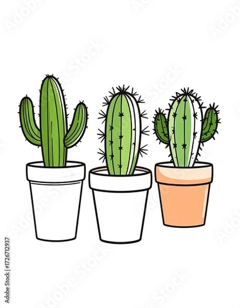 Fototapeta Three potted cacti in various shades of green and light orange