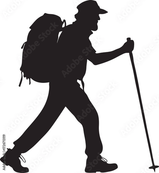Obraz Hiker walking with back bag stick black clipart, flat vector illustration