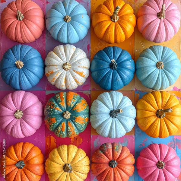 Obraz Colorful pumpkin arrangement painted pumpkins in bright blue orange pink and white bold pop art style minimal composition fun and eclectic autumn decoration