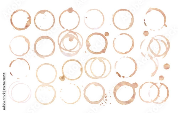 Fototapeta Coffee cup or tea stain drink ring vector illustration set isolated on white background. Coffee stain mark trace ring cup spot trace. Brown round splashes of drink collection.