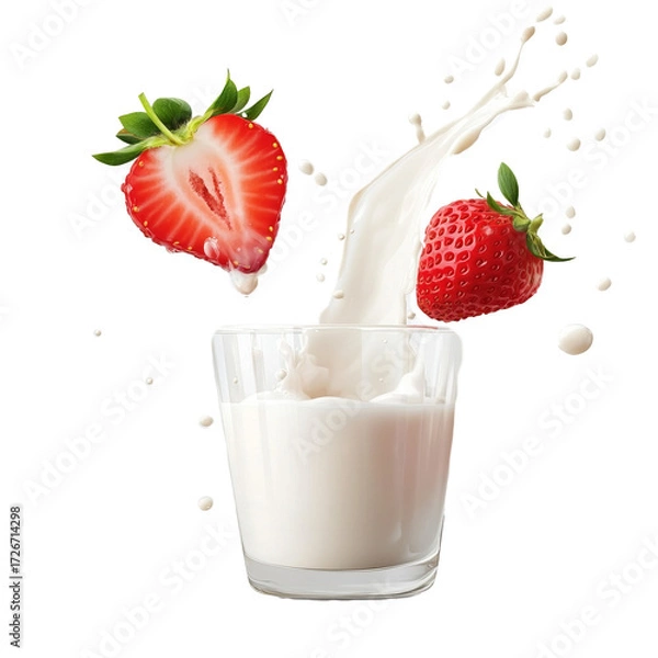 Fototapeta Glass of milkshake with ripe strawberry falling in and milk splashes in levitation, isolate on transparent white background