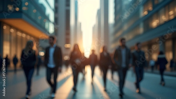 Fototapeta Blurred image of city street with modern skyscrapers, people walking to work, urban lifestyle, blur effect.
