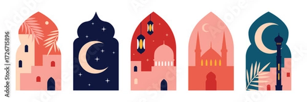 Fototapeta Oriental style Islamic arches and windows of various shapes. Islamic crescent, mosque, minaret, lanterns in the window opening. Modern Color Palette. Islamic Holiday Greeting Card Templates