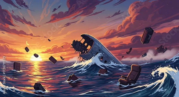 Fototapeta Epic illustration of a catastrophic shipwreck in the ocean during a dramatic sunset
