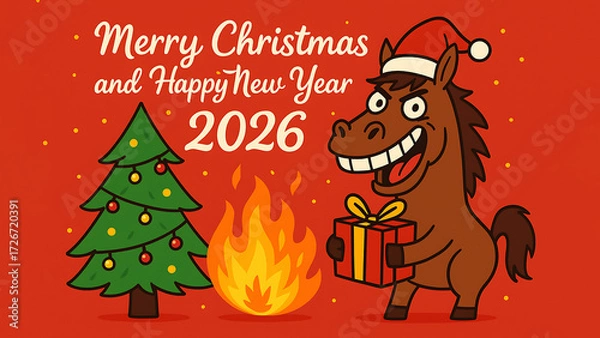 Obraz Flat-style digital illustration of a crazy horse in a Santa hat next to a burning Christmas tree with festive decorations. Humorous Merry Christmas and Happy New Year 2026 greeting card, Year of the H