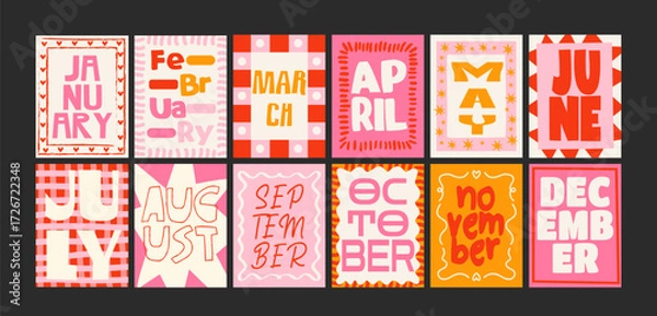 Obraz Monthly posters in retro cartoon design. Bright graphics with twelve months and seasonal elements like sun, flower, strawberry. Perfect wall prints for calendars, diaries and seasonal decorations