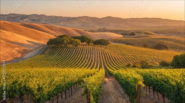 Obraz ブドウ園。丘陵地帯に向かってブドウの列が伸びる、黄金の時間帯のブドウ園の風景。