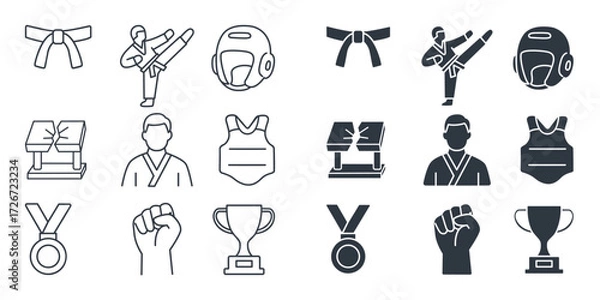 Fototapeta Collection of Martial Arts Icons on Light Background Featuring Belts, Fighters Kicking, Protective Gear, Breaking Boards, Medals, Trophies, and Fist Symbols in Outline and Solid Styles