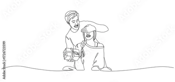 Fototapeta Minimalist continuous line drawing of a man surprising a woman with a gift. The man is covering the woman’s eyes with one hand while holding a present in the other, creating a joyful and romantic 