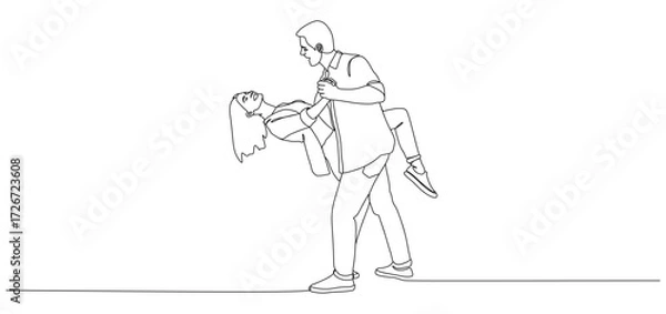 Fototapeta Minimalist continuous line drawing of a romantic couple dancing. The man is holding and dipping the woman gracefully, while they look at each other with affection. The artwork symbolizes love, romance
