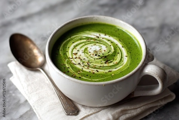 Fototapeta Palak shorba spinach soup with creamy swirl and black pepper garnish in white bowl
