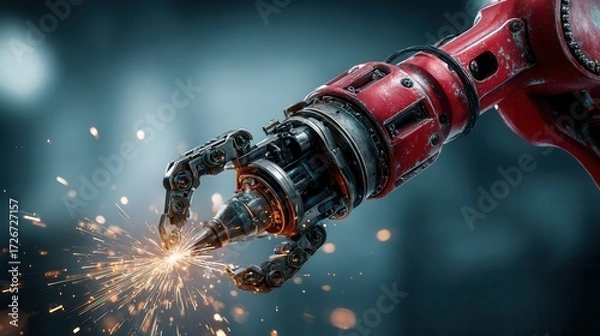 Fototapeta Red robotic arm performing high precision work