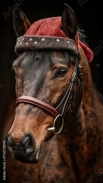Obraz A festive portrait of a horse in a Santa Claus hat, symbolizing the New Year and creating a fabulous Christmas mood.