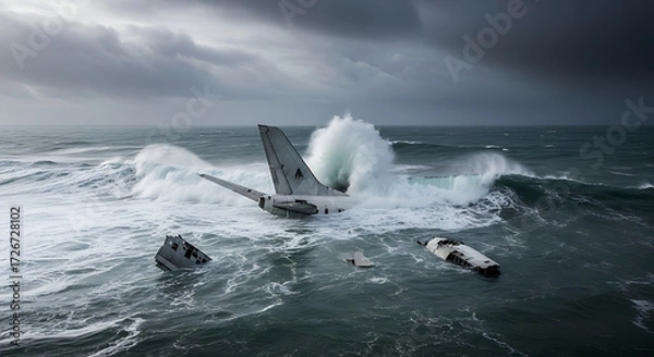 Fototapeta Dramatic airplane wreckage submerged in turbulent ocean waves under a stormy sky