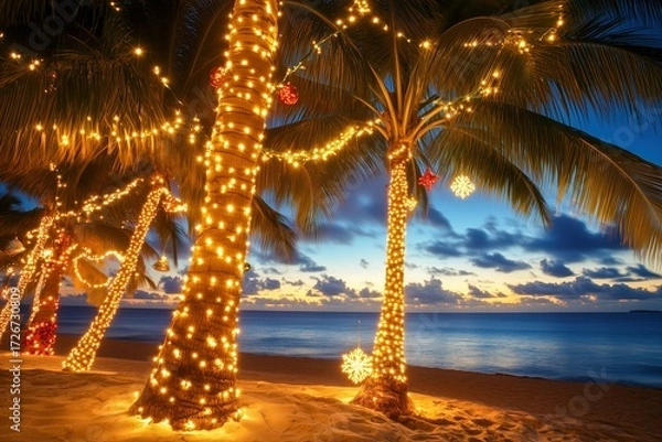 Fototapeta Tropical christmas holiday celebration featuring palm tree decorated with golden string light and festive ornament on sandy beach by serene ocean at sunset.
