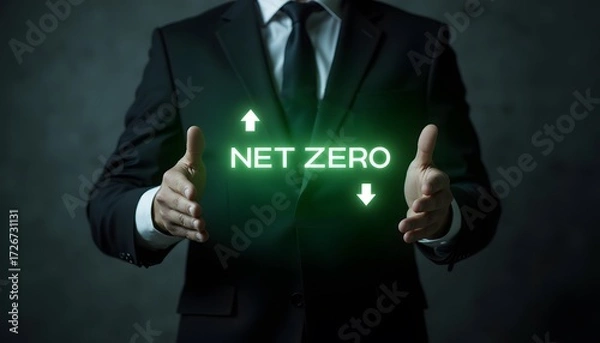 Fototapeta Businessman in Suit Holding Net Zero Concept with Green Arrows for Sustainability Focus