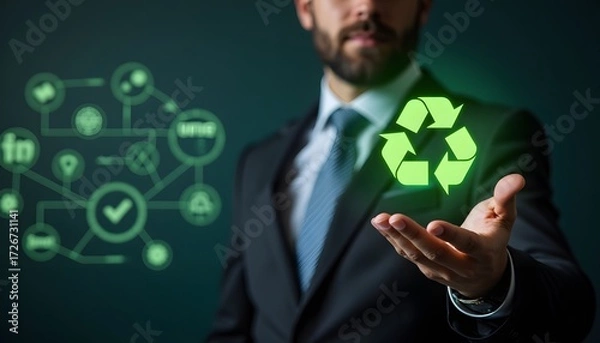 Fototapeta Businessman Holding Green Recycling Symbol in Front of Digital Network Graphics