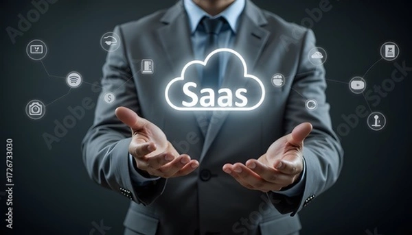 Fototapeta Businessman Presenting SaaS Concept with Technology Icons in Digital Background