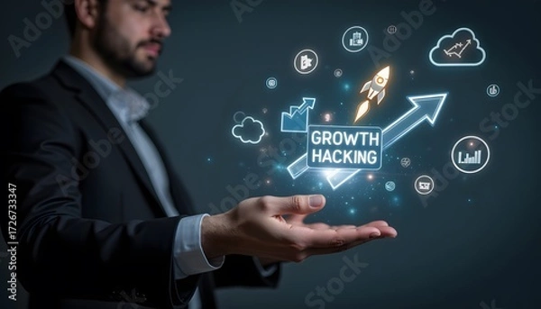 Fototapeta Businessman Holding Digital Symbols of Growth Hacking and Success Strategies