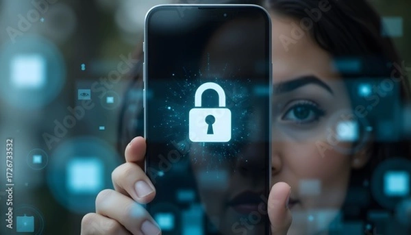 Fototapeta Woman Holding Smartphone with Lock Icon Illustrating Digital Security Concepts