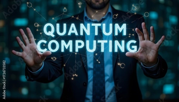 Fototapeta Hands Reaching Towards Bright Quantum Computing Concept in Modern Office Environment