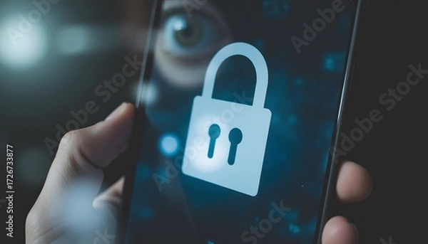 Fototapeta Person Holding Smartphone with Digital Lock Icon Representing Cyber Security Concept