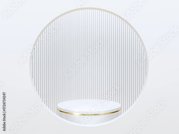 Fototapeta Circular White Podium with Vertical Silver Line Background in Minimalist Style. 3d rendering