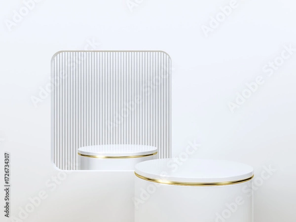 Fototapeta White Minimal Podium with Rounded Square Frame and Vertical Line Background. 3d rendering