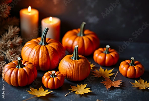 Obraz Pumpkins large and small stand on the table surrounded by candles and autumn maple leaves, a dark background.