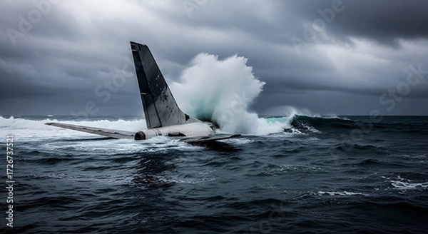 Fototapeta Submerged Light Aircraft's Tail Section Hit by Powerful Ocean Wave During Stormy Conditions