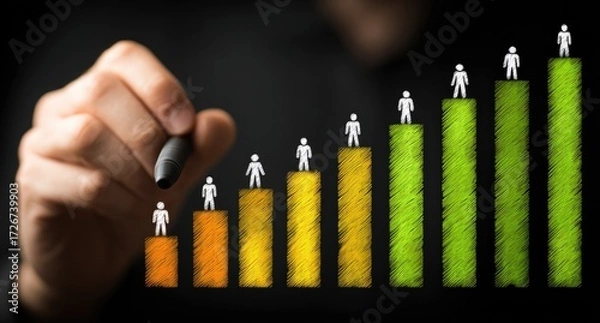 Fototapeta Hand drawing a chart of people climbing colored steps, signifying progress and growth