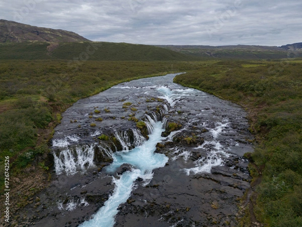 Fototapeta Aerial View of Bruarfoss Waterfall in Iceland with Turquoise Glacial Water
