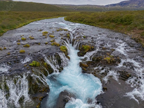Fototapeta Aerial View of Bruarfoss Waterfall in Iceland with Turquoise Glacial Water
