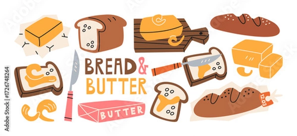 Obraz Fresh bakery bread compositions in retro cartoon. Pastry: loaves, baguette, sliced bread. Breakfast: toast with butter, dairy cubes. Traditional food set for bakery illustration in retro cartoon