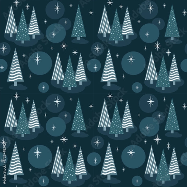 Obraz Seamless Winter Forest Pattern With Stylized Trees and Stars on Dark Blue Background