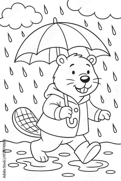 Obraz Beaver Walking in the Rain with Umbrella - kids coloring page