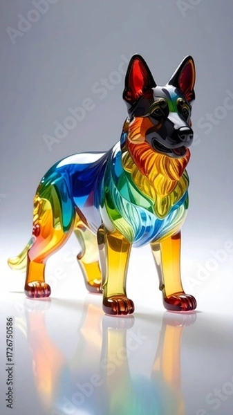 Obraz A beautiful and colorful German Shepherd figurine made of rainbow-colored glass or crystal. The transparent dog statue creates vibrant reflections in a clean studio setting.