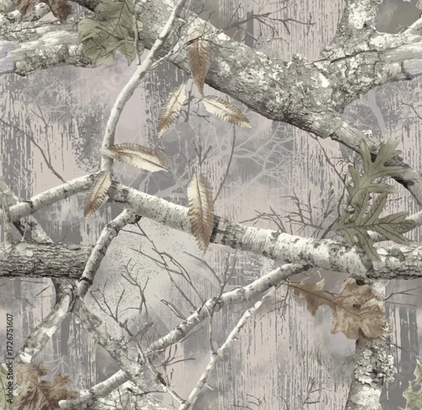 Fototapeta Realistic forest camouflage. Seamless pattern. Conifer tree, branches and leaves on grey facture background. Useable for hunting and military purposes.	
