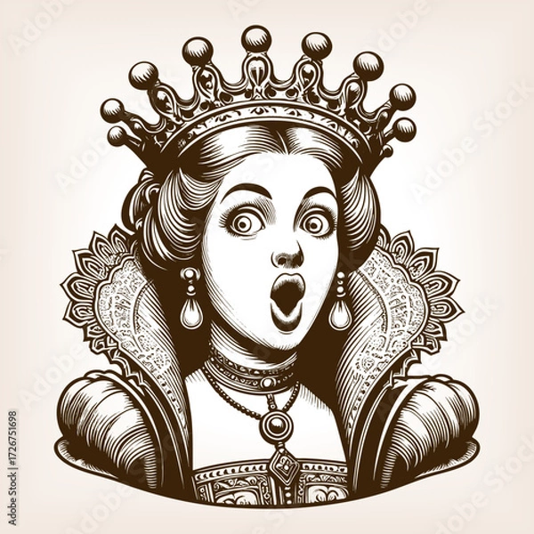 Fototapeta royal queen wearing an ornate crown and jewelry, with wide eyes and surprised expression sketch engraving generative ai fictional character vector illustration. Scratch board. Black and white image.
