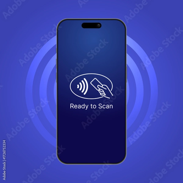 Fototapeta Realistic smartphone with contactless payment icon, NFC wireless transaction symbol, digital wallet and mobile finance technology vector illustration