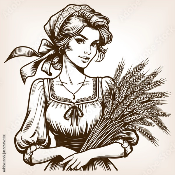 Fototapeta beautiful young woman in traditional dress holding a large bundle of wheat stalks sketch engraving generative ai fictional character vector illustration. Scratch board imitation. Black and white image