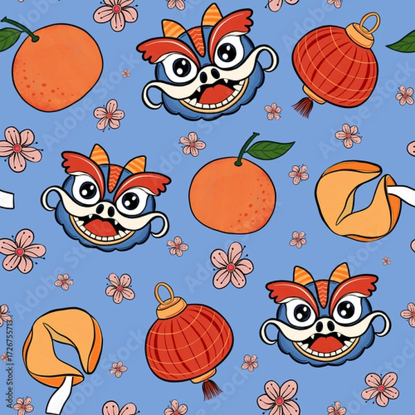 Fototapeta Seamless pattern with Traditional Chinese dragon, lanterns, oranges, fortune cookies, and blossoms. Lunar New Year print, Festive background, Perfect for wrapping, packaging, stationery, fabrics.