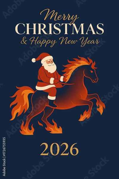 Obraz Festive digital illustration of Santa Claus riding a fiery horse with flaming mane and tail on a dark blue background. Concept of Merry Christmas and Happy New Year 2026, Year of the Horse.
